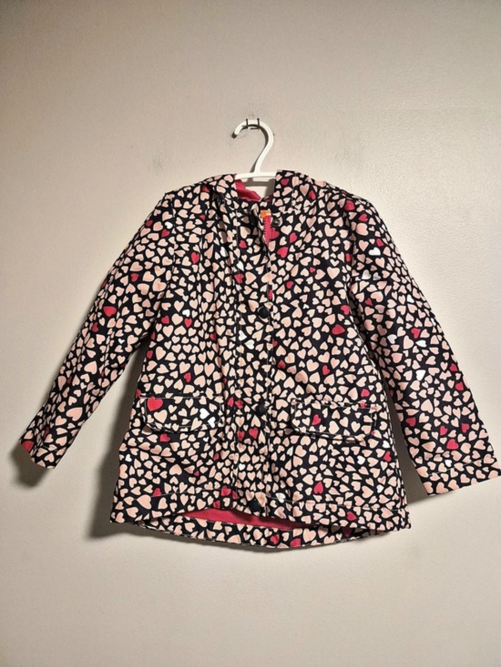 Joe Fresh Girls 3t Pink Heart Print Button Up Hooded Rain Jacket